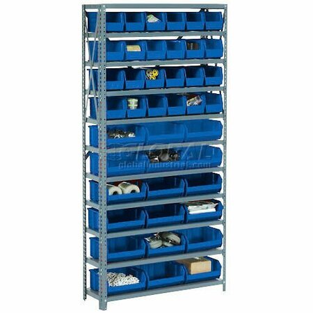 GLOBAL INDUSTRIAL Steel Open Shelving, 21 Blue Plastic Stacking Bins 8 Shelves, 36 x18 x 73 506207BL